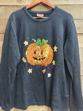 Halloween Peek A Boo Black Sweater with Sequin Bead Jack o Lantern Size XL